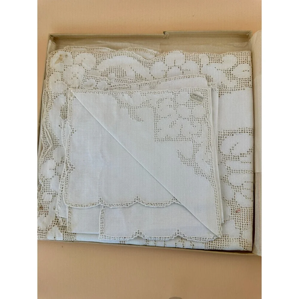 Vintage 1940s Pure Linen Tablecloth Napkins Set NOS Lace Floral White 7pc Set
